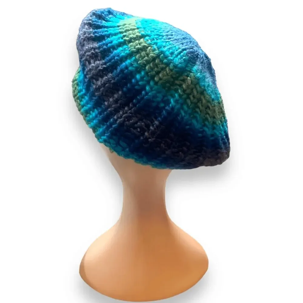 Knit Beret Hat Green Blue Tonal Shades Warm Winter Essential